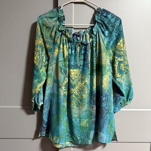 Chaps Women Boat Neck Long Sleeve Abstract Print Blouse Blue/Green/Yellow Large